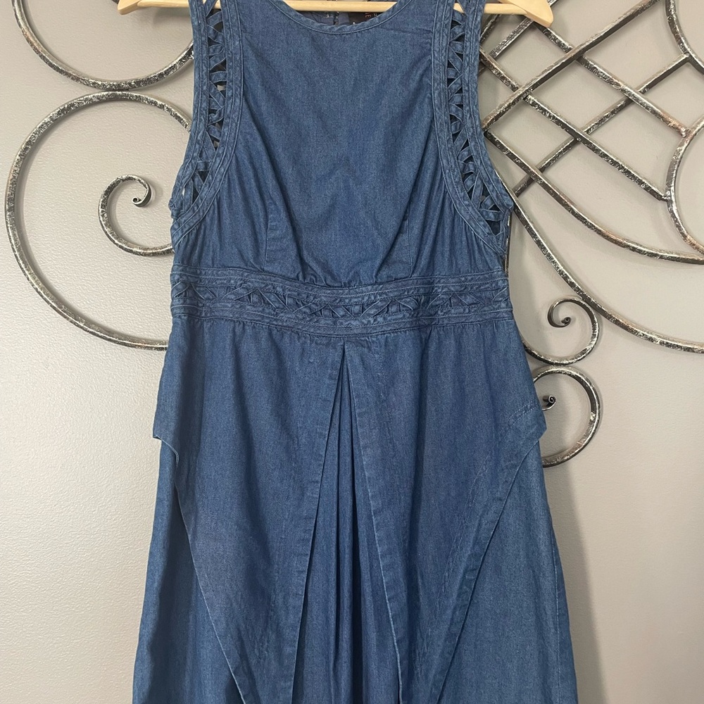 Free People Blue Denim Mini Dress with Crochet Trim
